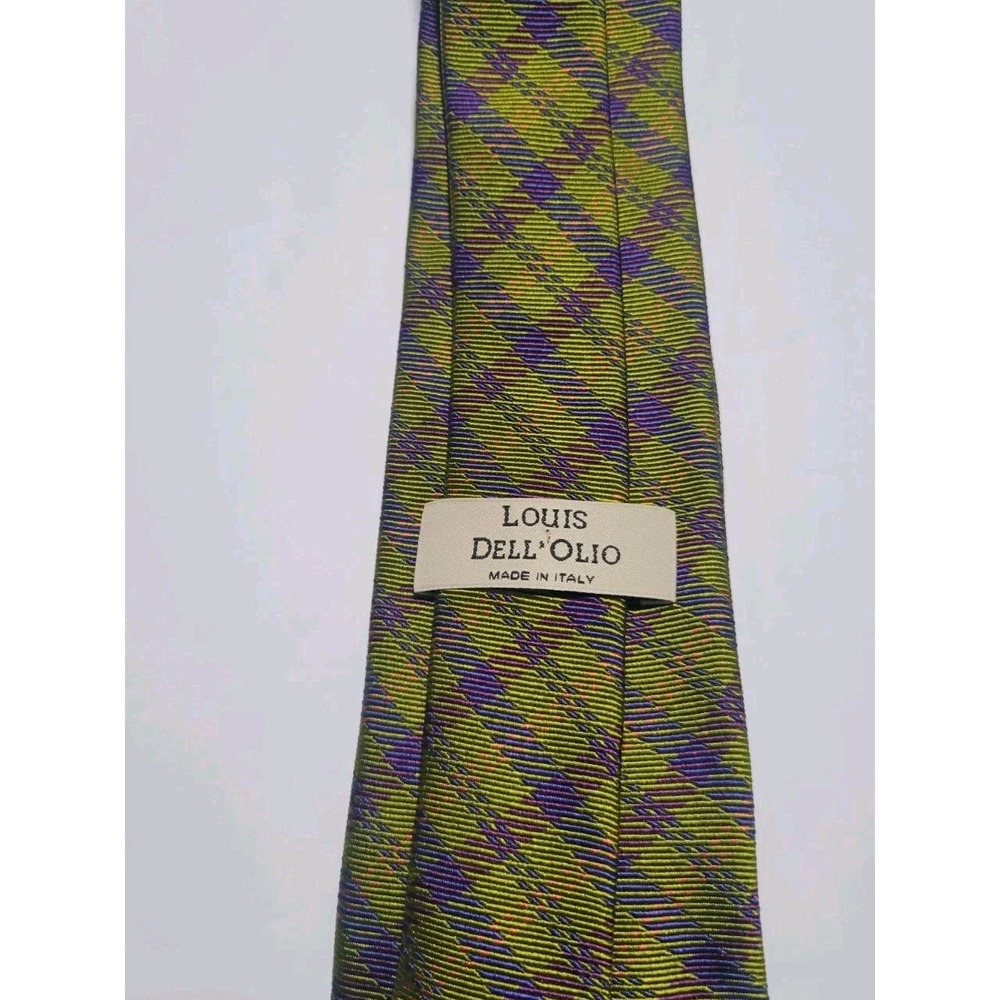 Vintage 100% Silk Louis Dell'Olio Green/Purple Geometric Plaid Italian Tie